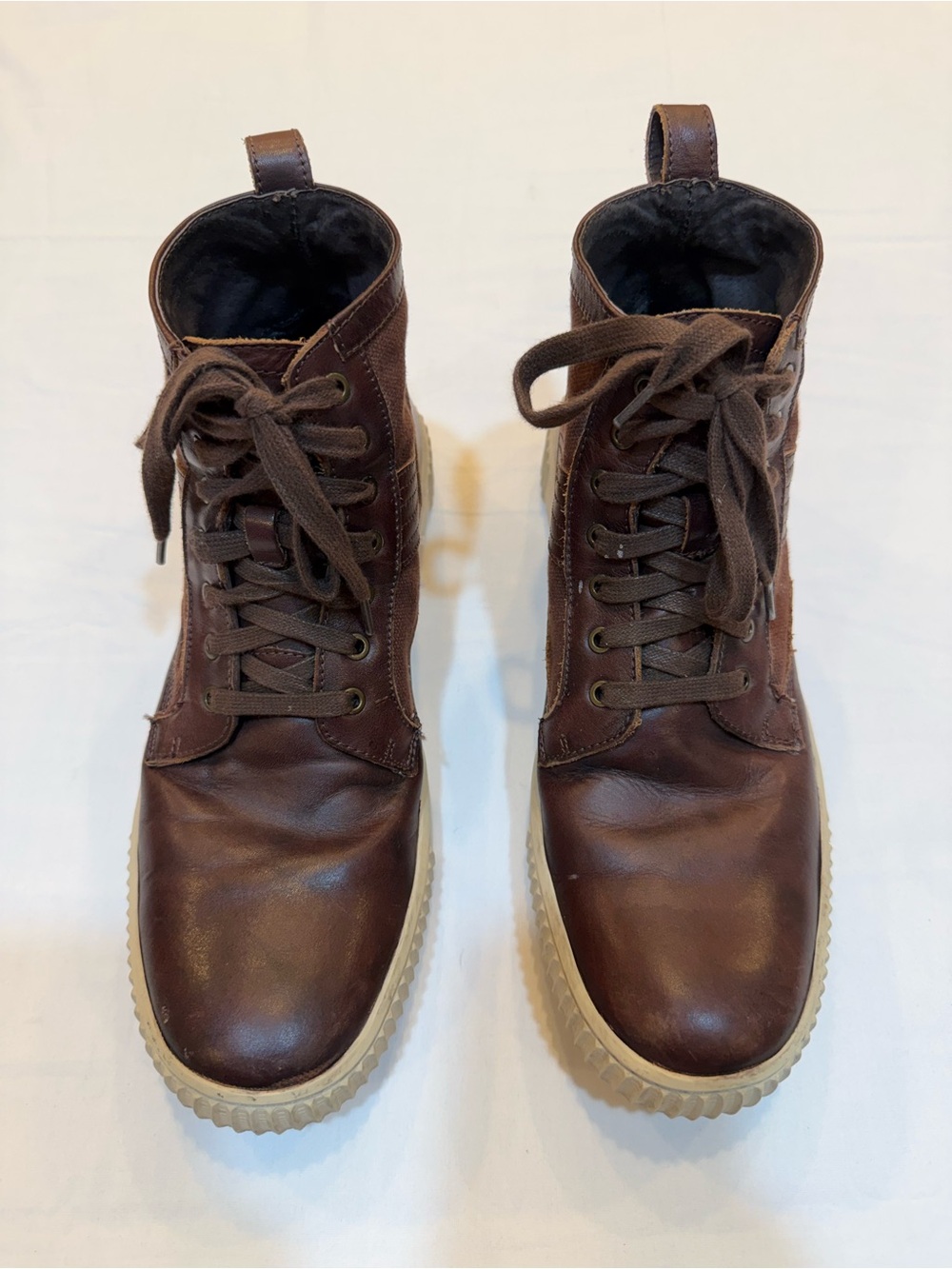 John Varvatos Men's Dark Brown Leather Lace-Up Boots with Cream Sole